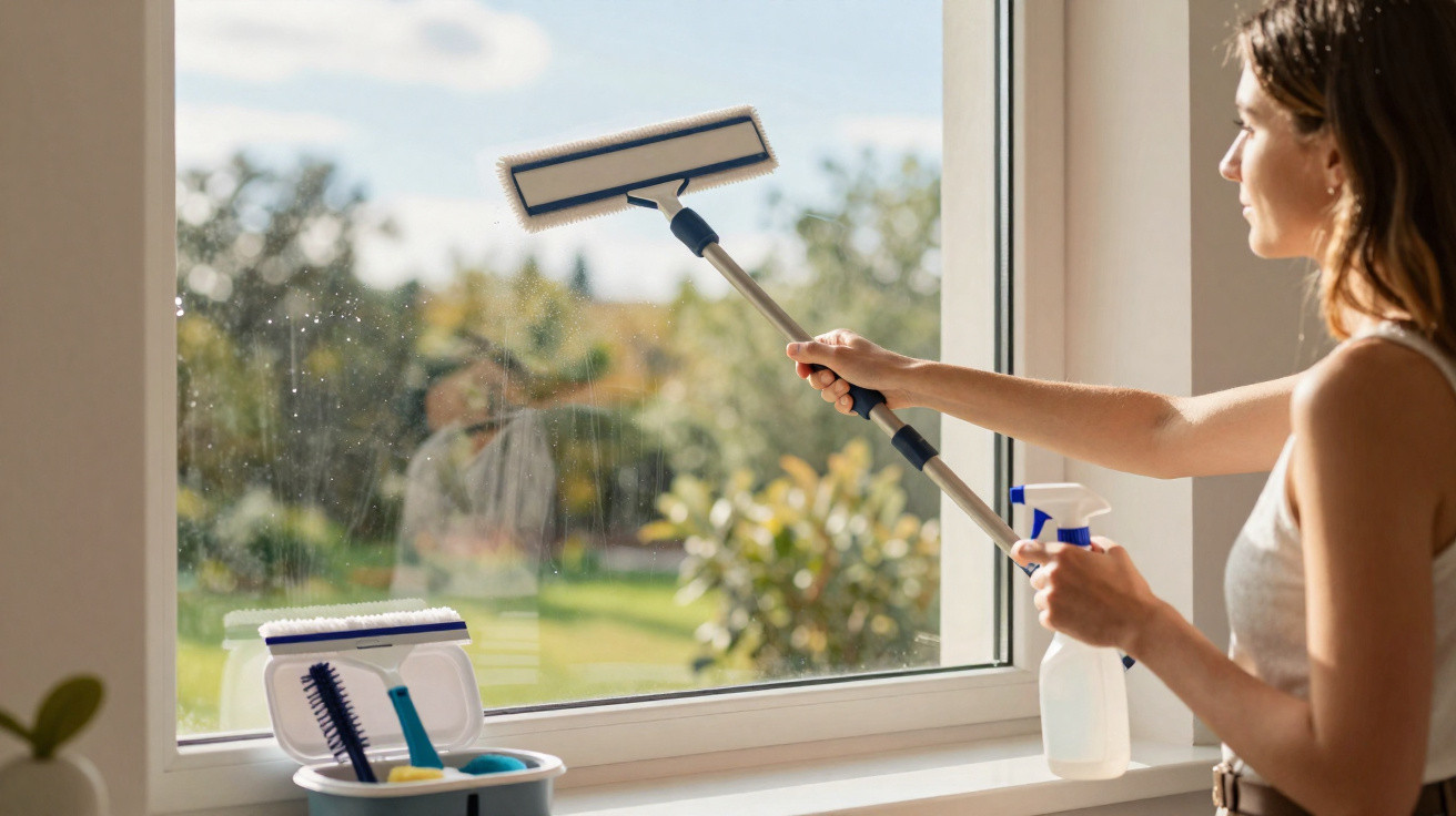 Woman cleaning a large window with a squeegee and spray bottle in a bright room during daytime.