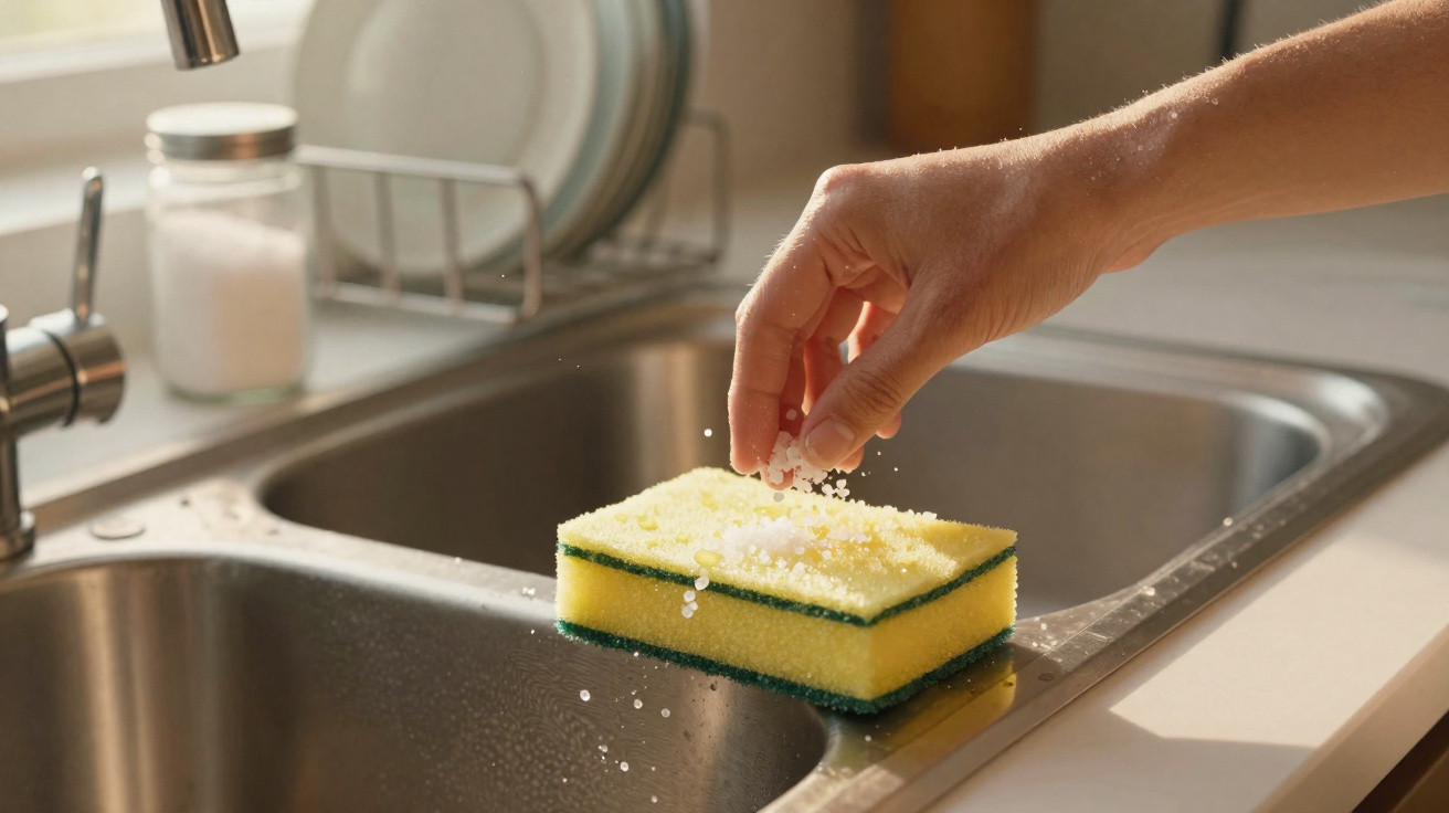 Hand sprinkling soap beads onto a yellow and green kitchen sponge by a stainless steel sink.