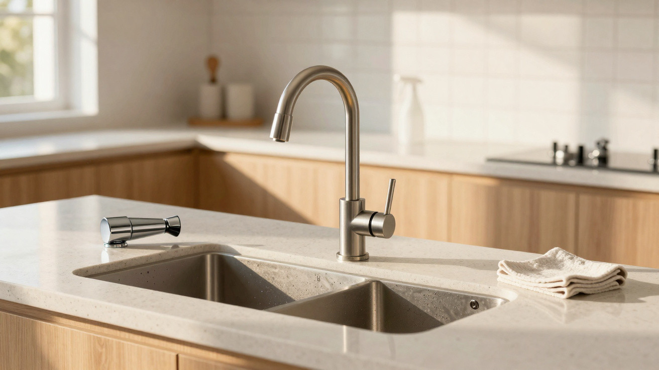 Modern stainless steel kitchen faucet over a double sink with a soap dispenser and folded cloth on a stone countertop.