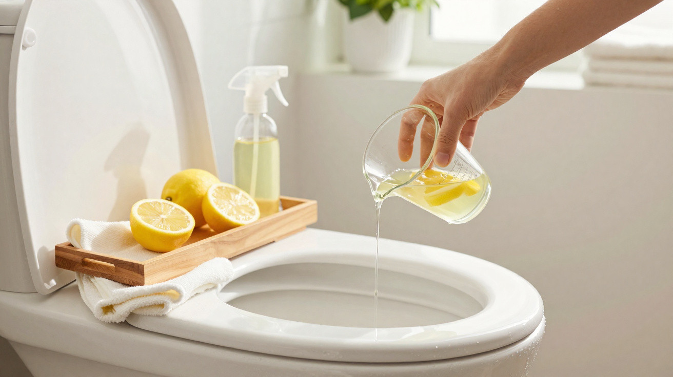 Hand pouring lemon juice into a clean white toilet with lemons and a spray bottle on a tray nearby.
