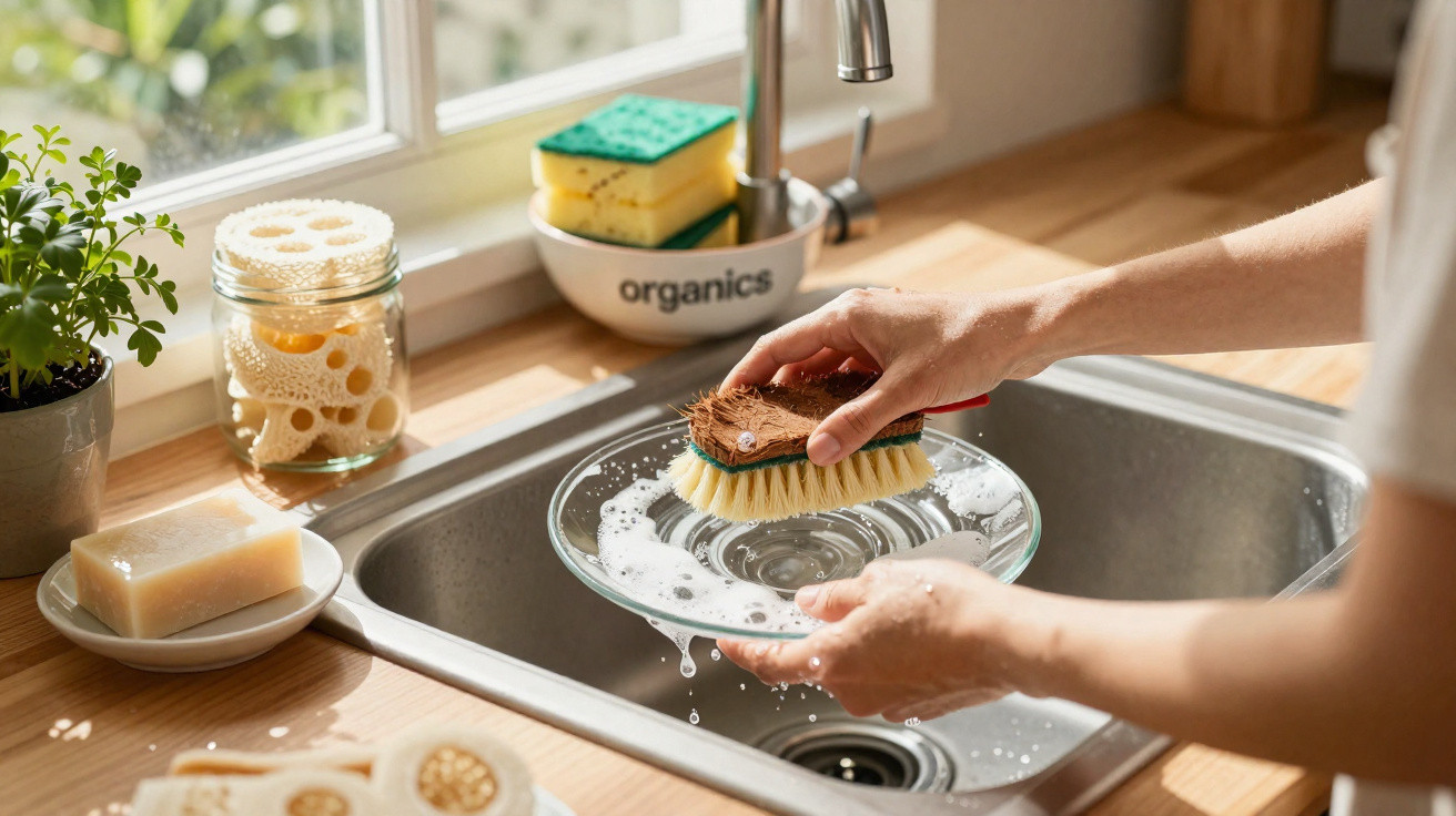 Person scrubbing a clear glass plate with a brush over a kitchen sink with natural light.