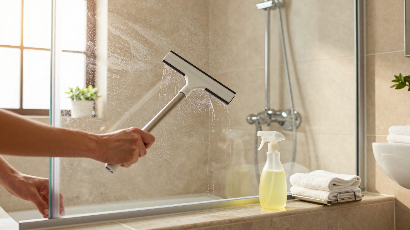 Person cleaning a glass shower door with a squeegee and spray bottle in a bright bathroom.