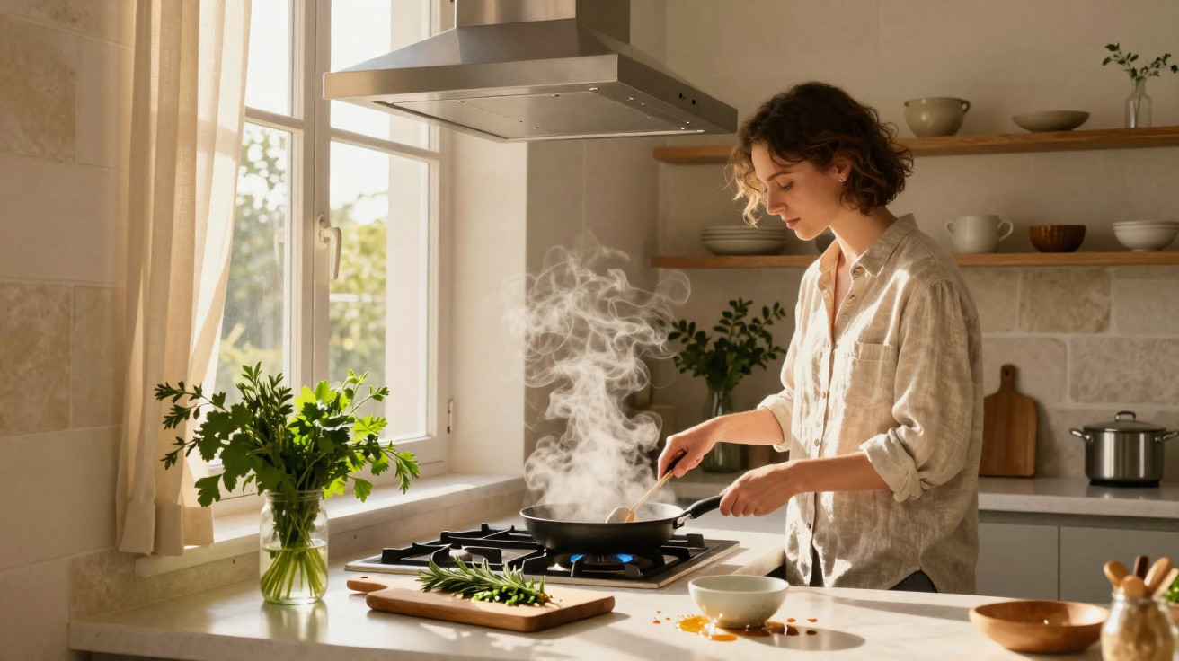 Woman cooking at a stove in a bright kitchen with herbs and steam rising from a frying pan.