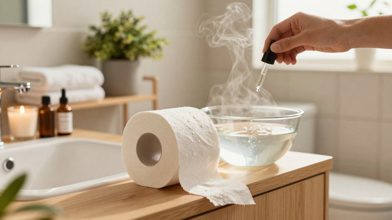 Hand holding dropper adding liquid to steaming bowl on wooden bathroom counter with toilet paper roll.