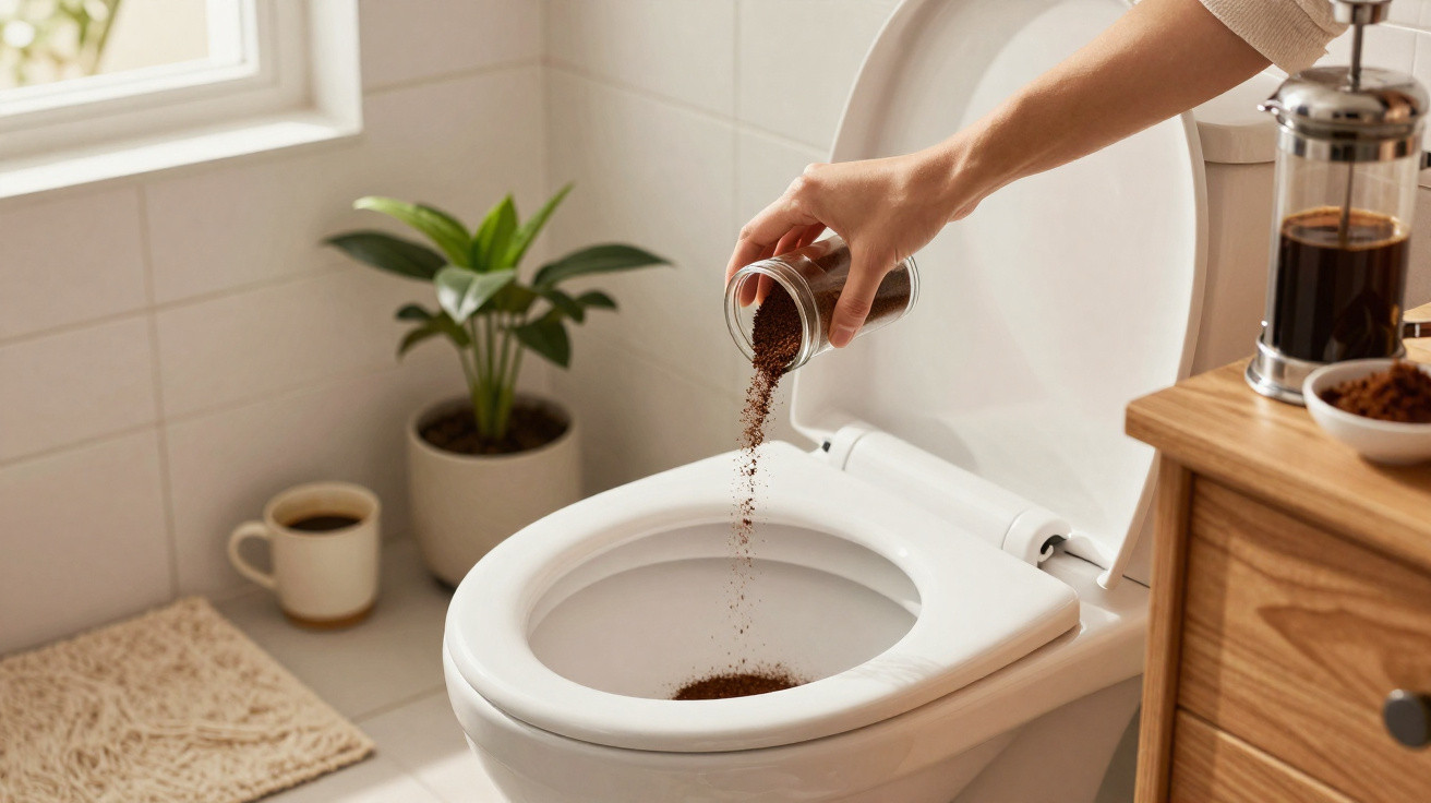 Hand pouring coffee grounds into a toilet bowl in a bright bathroom with a plant and coffee on the floor.