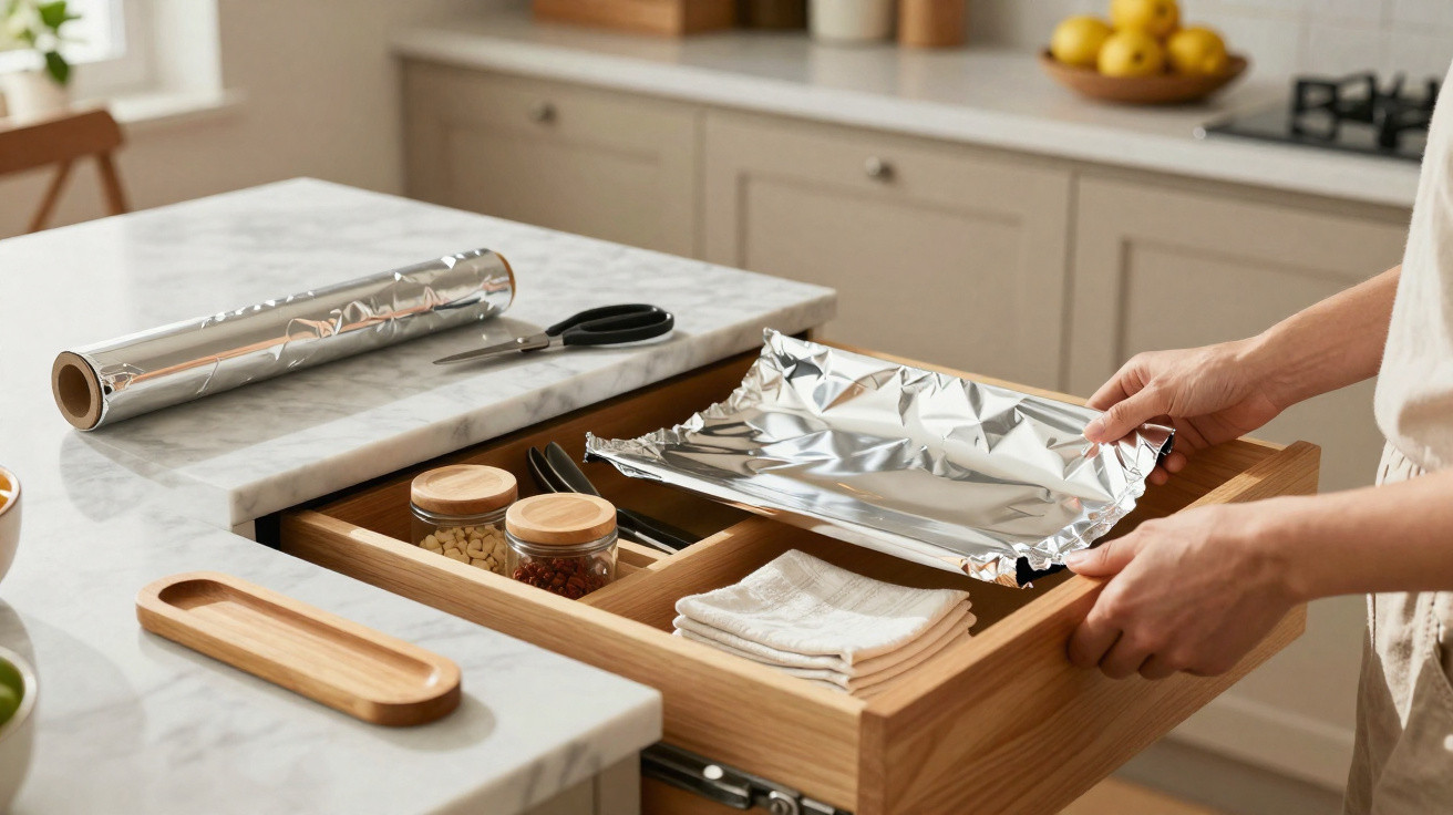Person pulling out wooden kitchen drawer with foil sheet, jars, scissors and cloth in a modern kitchen.
