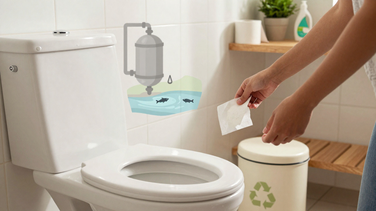 Person disposing of toilet paper in a bathroom with a white toilet and recycling bin nearby.