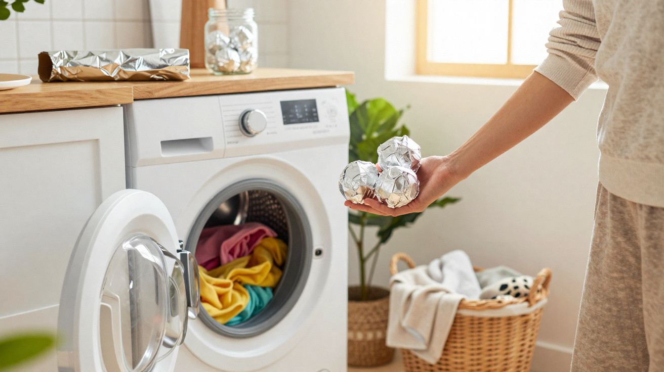 Person holding aluminium foil balls over a washing machine with colourful clothes inside in a bright laundry room.