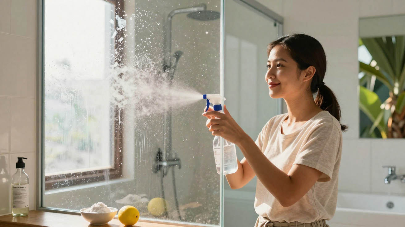Woman spraying glass cleaner on a bathroom mirror with soap, lemon, and hand soap on the windowsill.