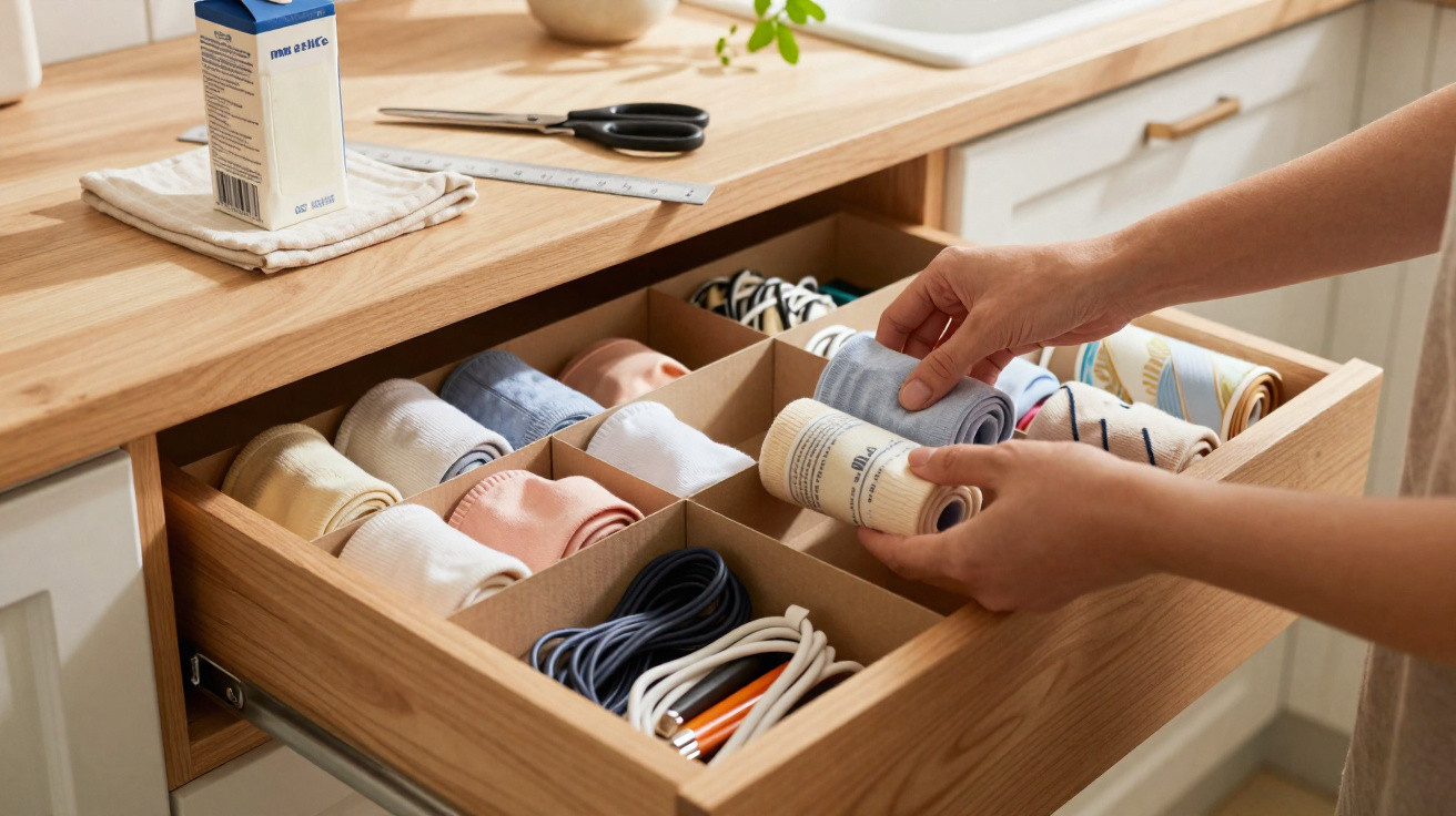 Open wooden drawer with neatly rolled socks and cables, hands organising items in a bright kitchen.