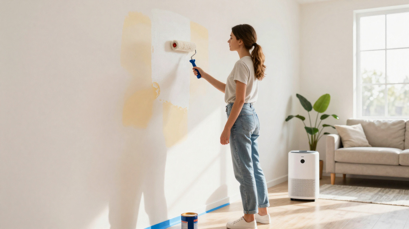 Woman painting over yellow paint with white on a living room wall using a roller brush.