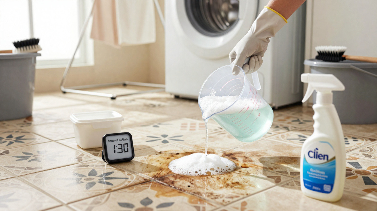 Hand wearing glove pouring cleaning solution on stained tiled floor with cleaning products and timer nearby.