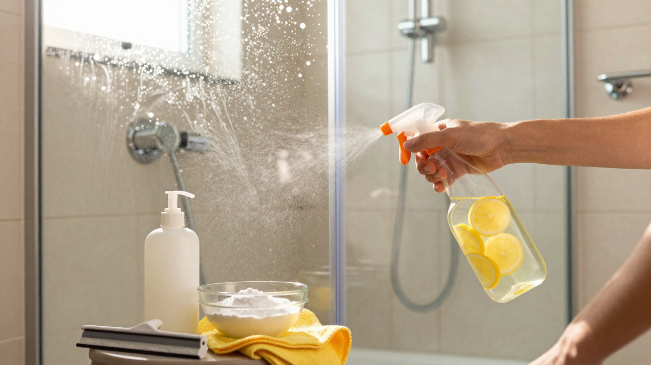 Person spraying lemon-infused cleaning solution onto a glass shower door in a bathroom.