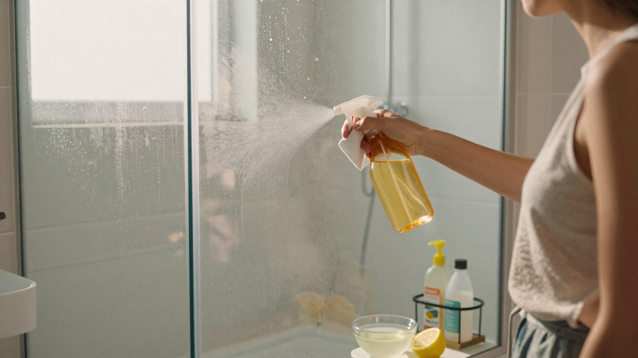 Person spraying yellow cleaning liquid on a glass shower screen in a bathroom.