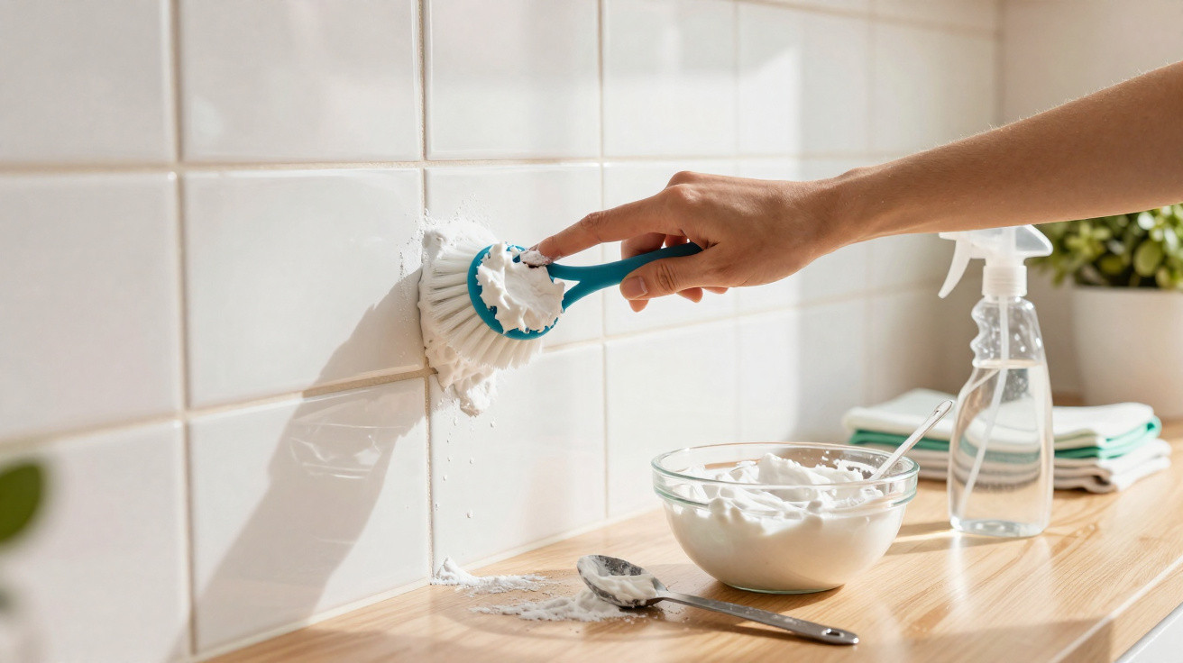 Hand scrubbing kitchen tiles with a brush and cleaning foam on a wooden countertop with cleaning supplies.