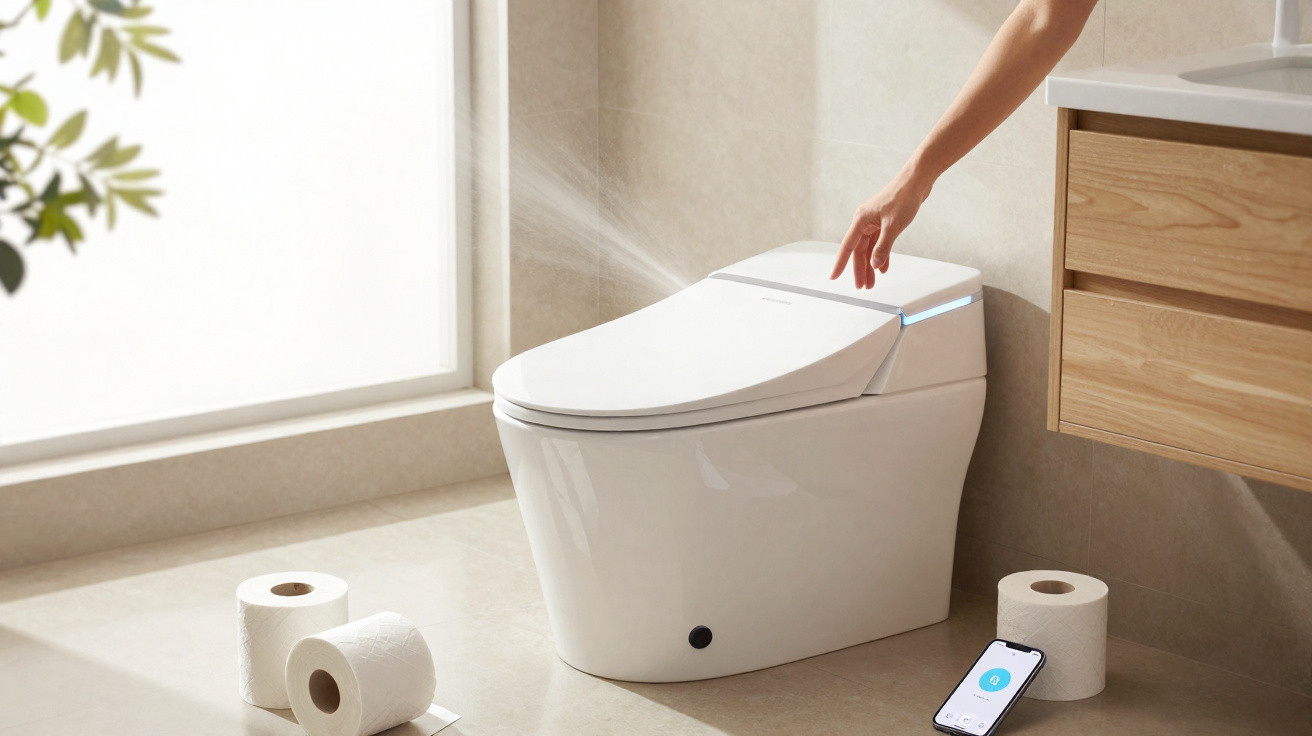 Modern white smart toilet with bidet spray activated by hand in a bright bathroom with rolls of toilet paper.