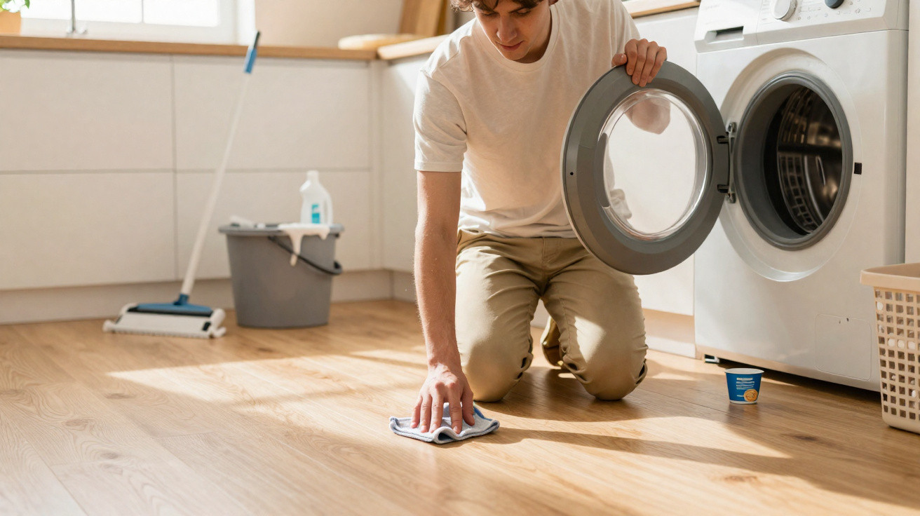 Person kneeling on wooden floor, holding washing machine door open and wiping floor with cloth.
