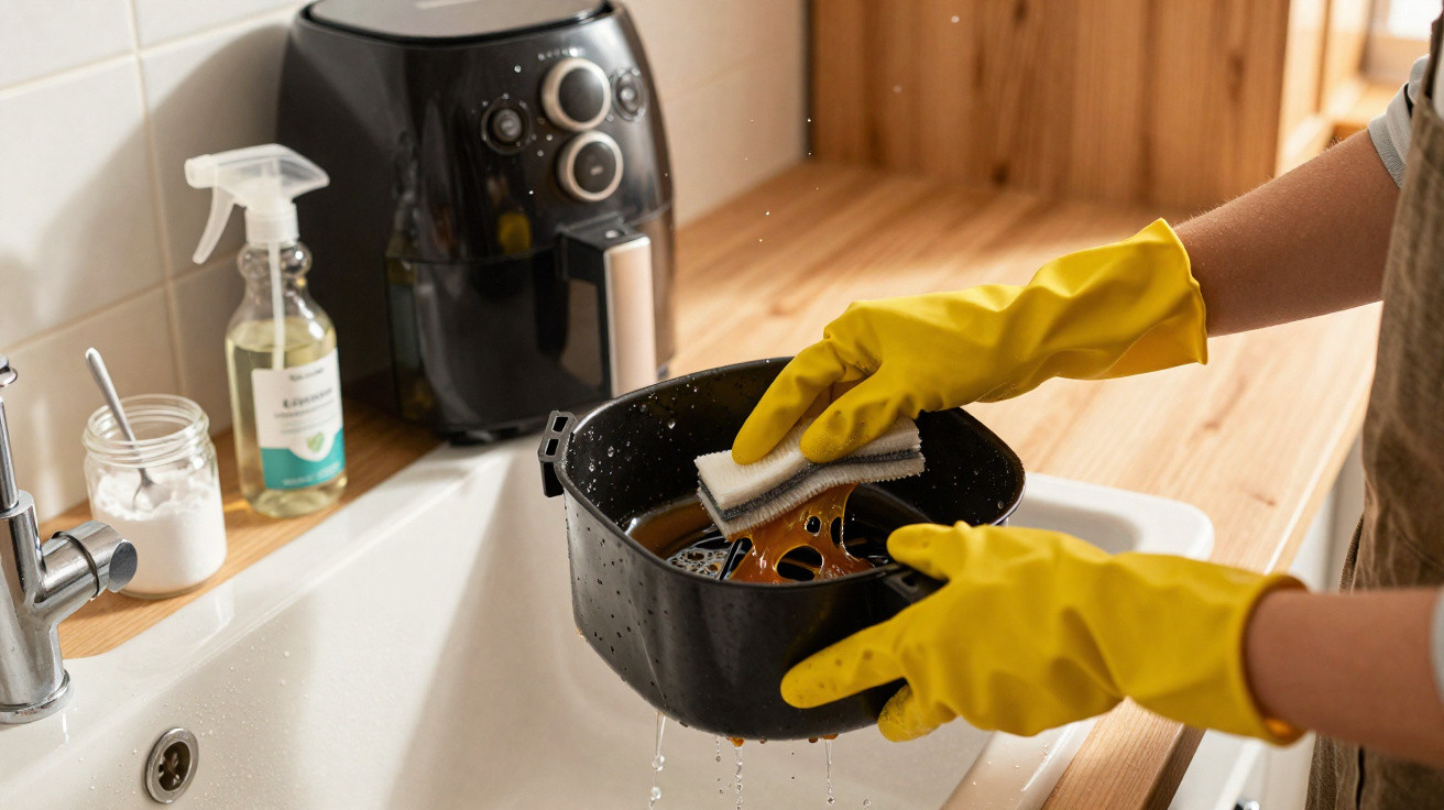 Person wearing yellow gloves cleaning a greasy air fryer basket over a kitchen sink with a sponge.