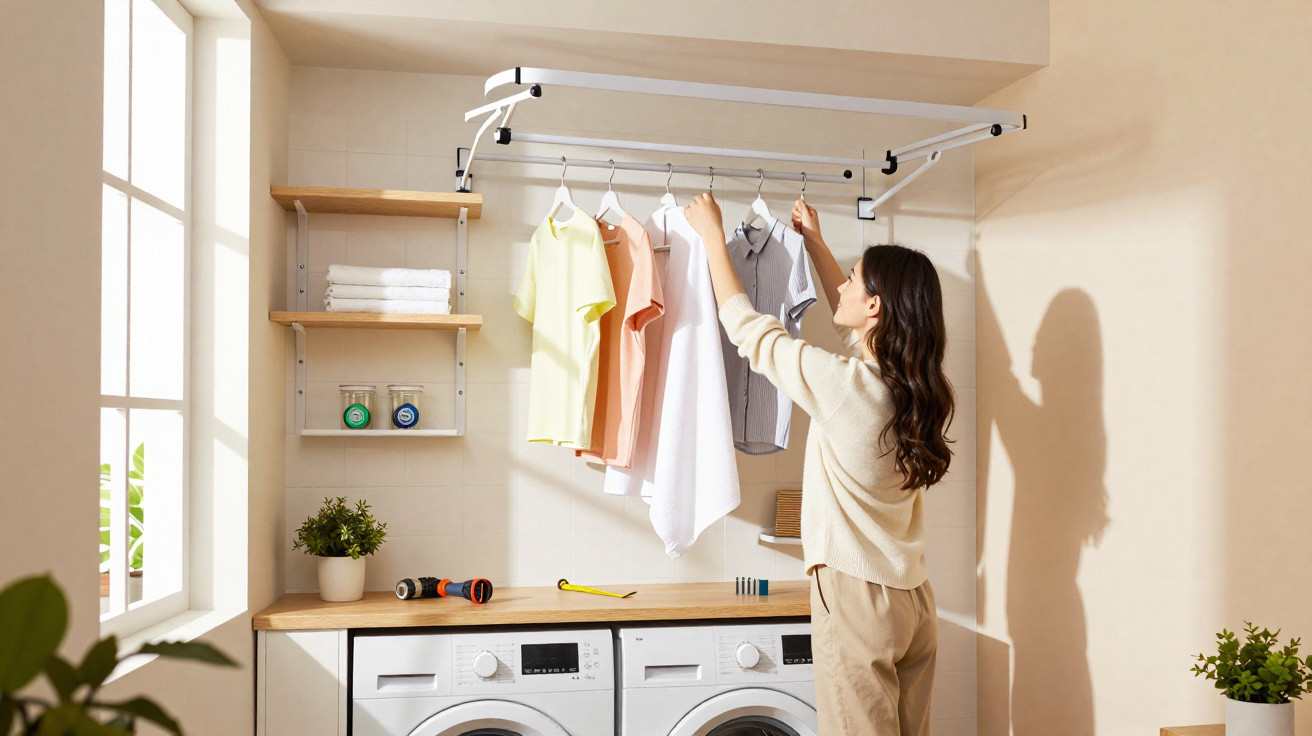 Woman hanging clothes on an adjustable ceiling-mounted drying rack in a bright laundry room with washing machines.