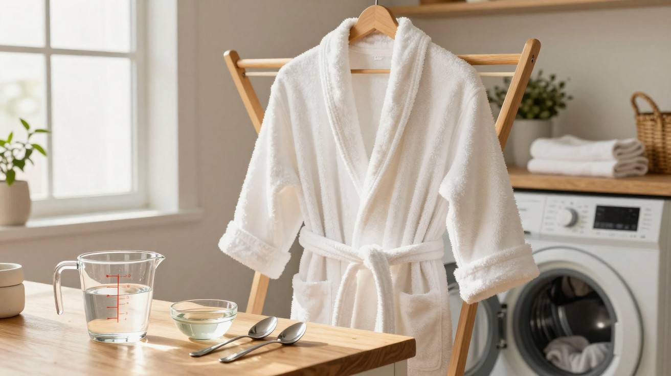 White bathrobe hanging on wooden rack in laundry room with washing machine and measuring cup on wooden table nearby