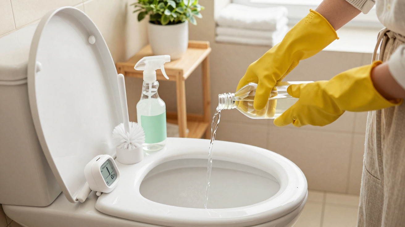 Person wearing yellow gloves pouring liquid cleaner into a white toilet bowl in a bathroom.