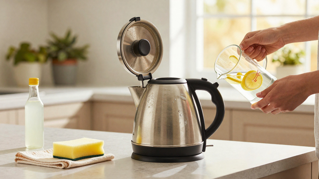 Person pouring lemon water into an open stainless steel electric kettle on a kitchen counter.