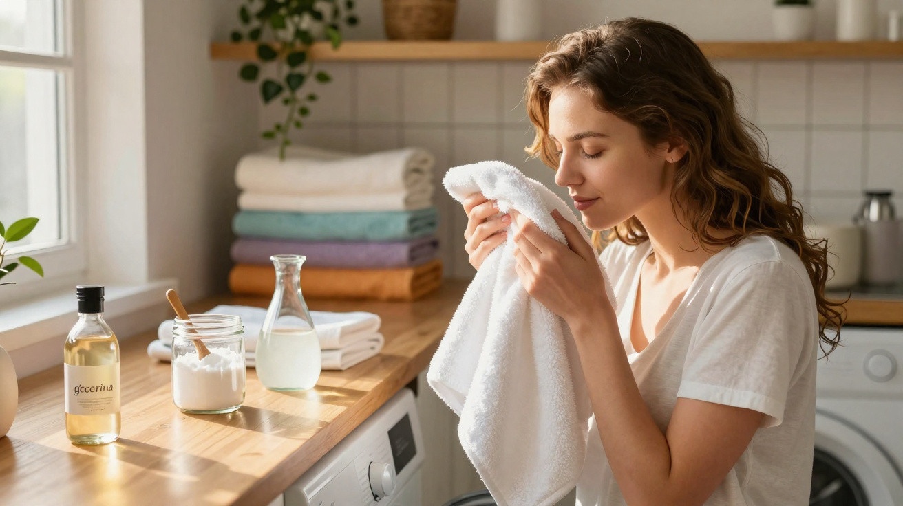 Woman smelling a fresh white towel in a bright laundry room with folded clothes on the counter.