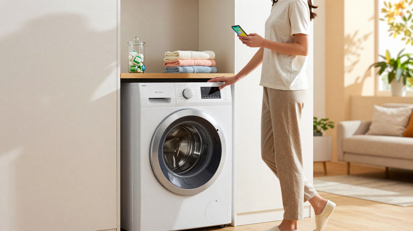 Person using smartphone and operating a front-loading washing machine in a bright, modern laundry room.