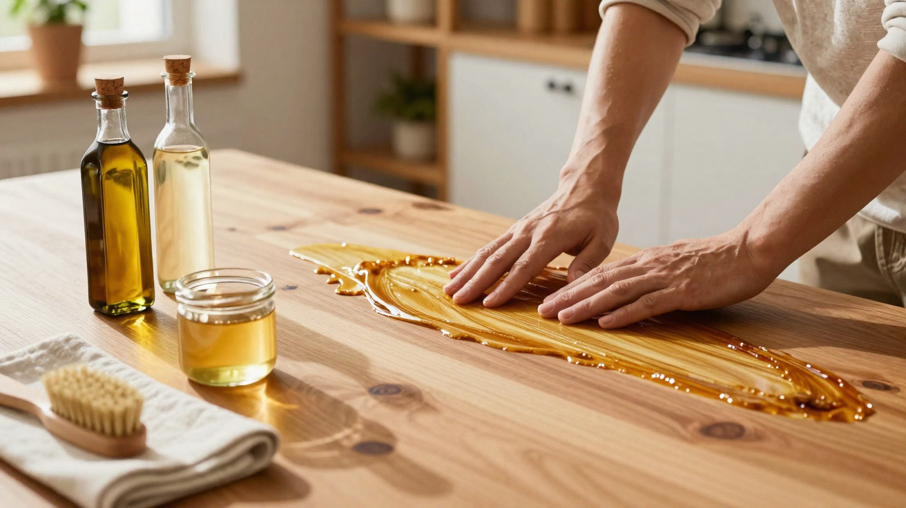 Person applying oil on wooden table with bottles and brush nearby in bright kitchen setting.