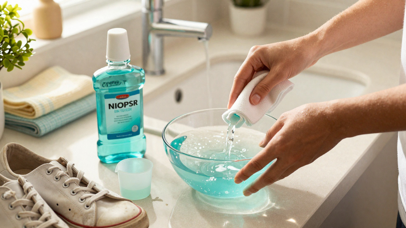 Person pouring blue liquid from a bottle into a glass bowl on a kitchen counter near sneakers and mouthwash.