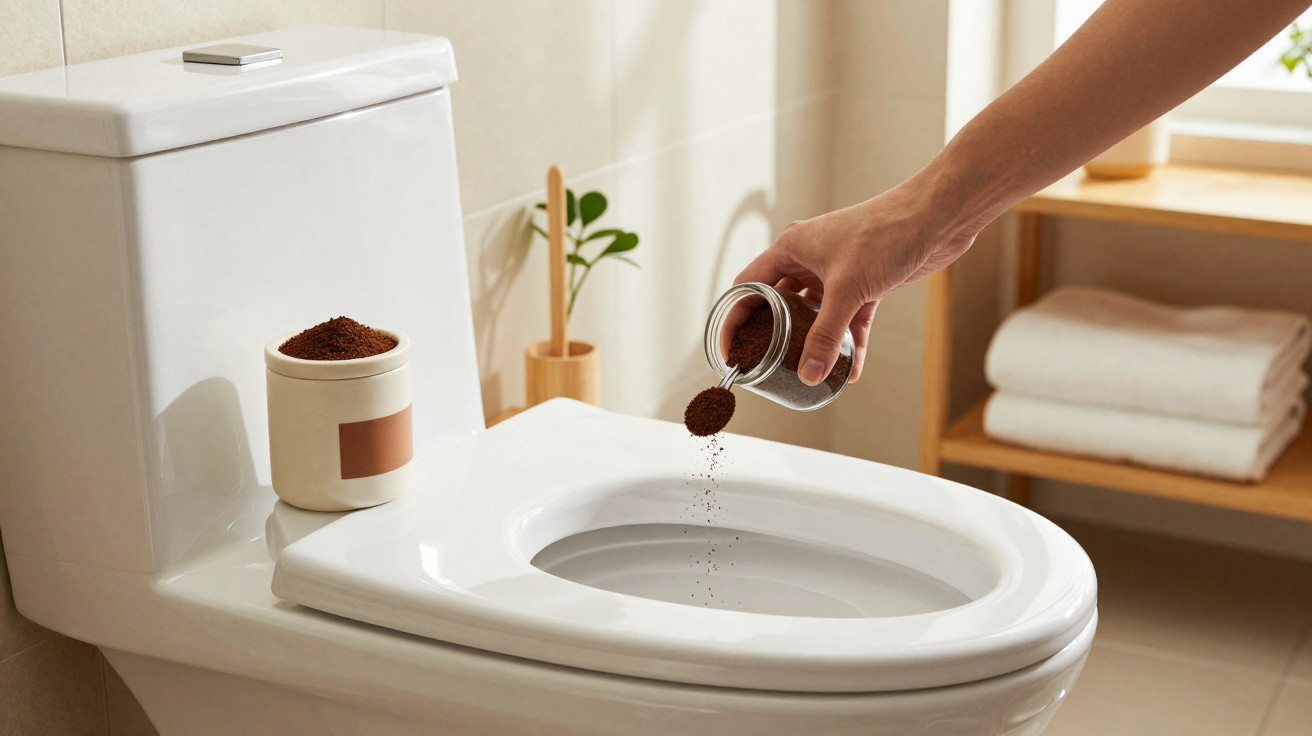 Hand pouring coffee grounds from a jar into a white toilet bowl in a bathroom.