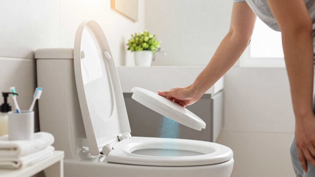 Person lifting toilet seat lid in a clean, modern bathroom with a plant and toiletries nearby.