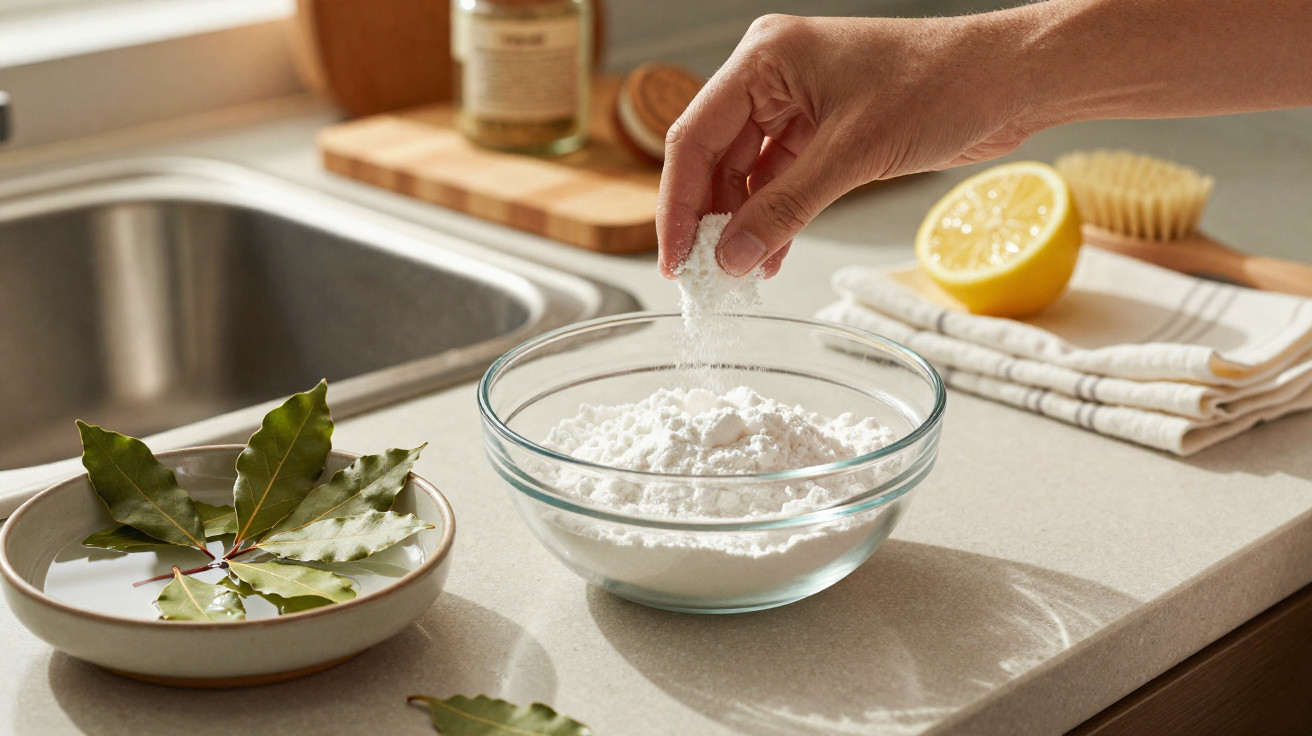 Hand sprinkling baking soda into a glass bowl with powder on a kitchen countertop near bay leaves and lemon half.