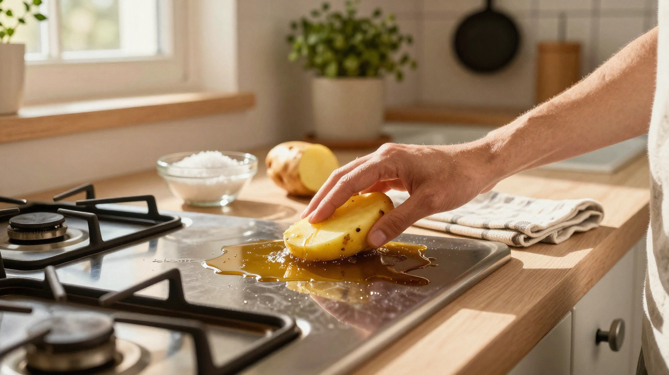 Hand scrubbing a kitchen stove with a halved potato soaked in cleaning liquid on a wooden countertop.