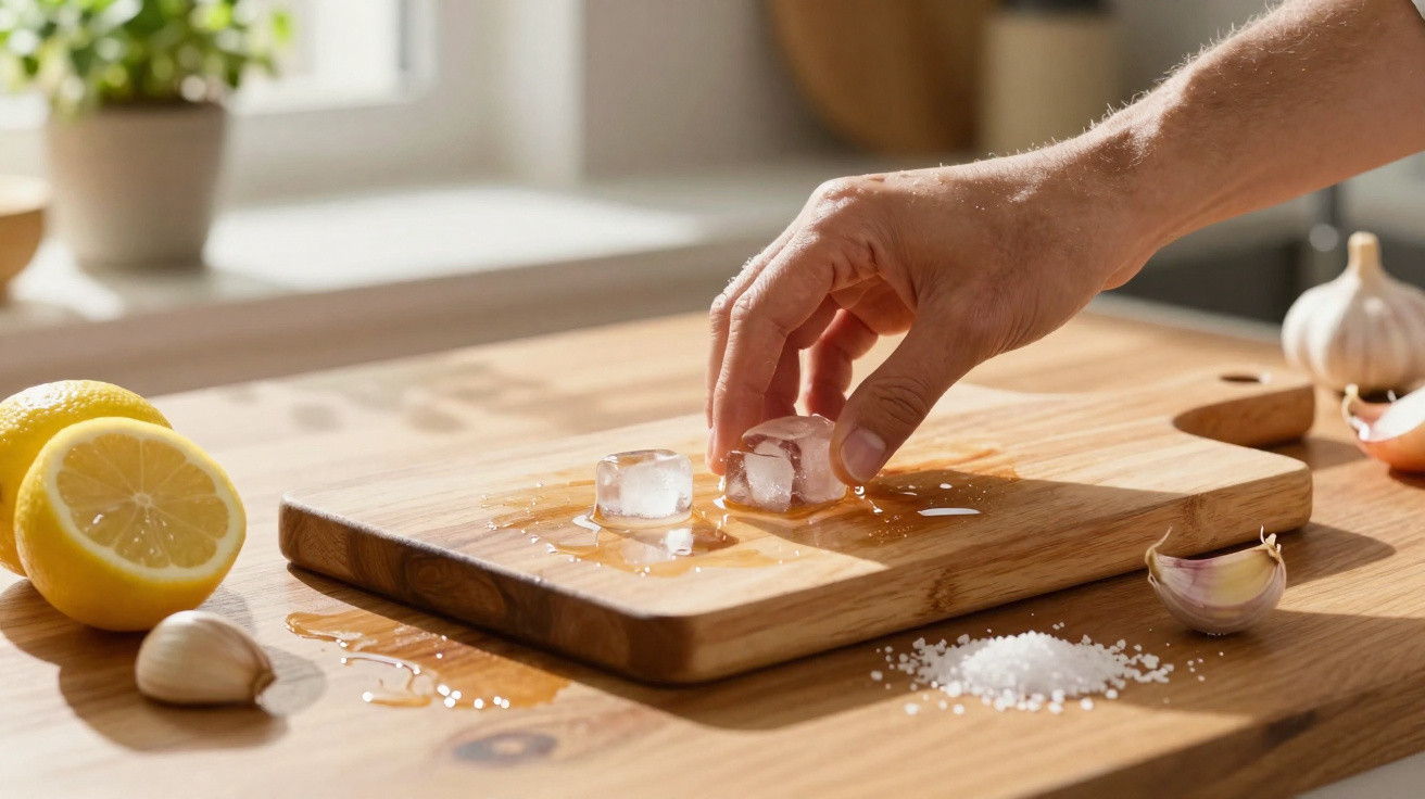Hand placing ice cubes on a wooden cutting board with lemon, garlic, and salt on a kitchen table.