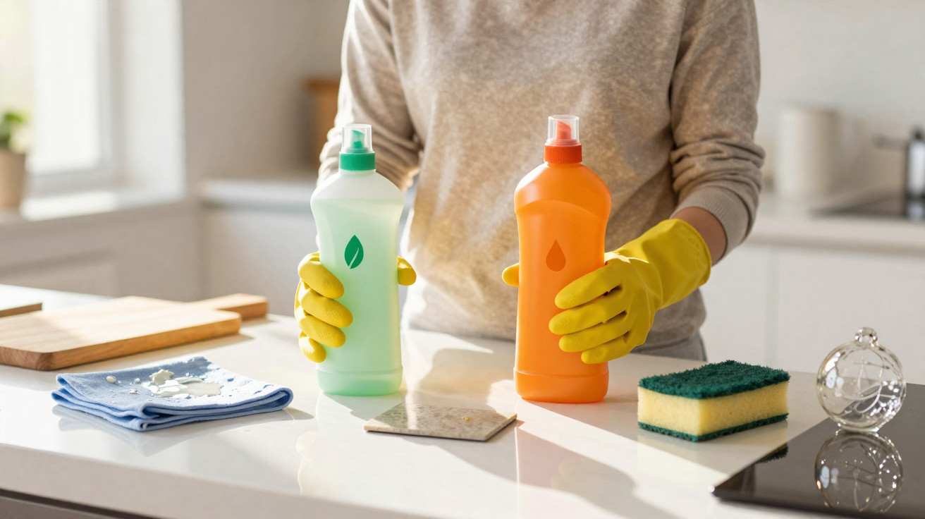 Person wearing yellow gloves holding green and orange dish soap bottles on a kitchen counter with cleaning items.
