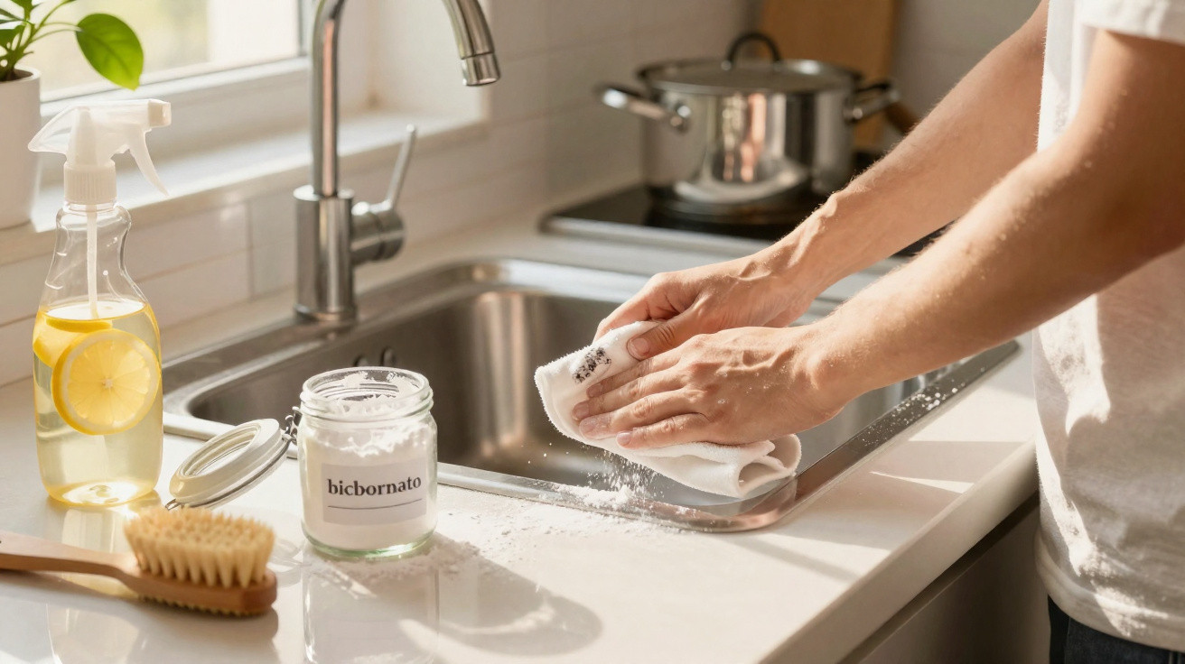 Person cleaning a stainless steel kitchen sink with a cloth and natural cleaning products on the counter.