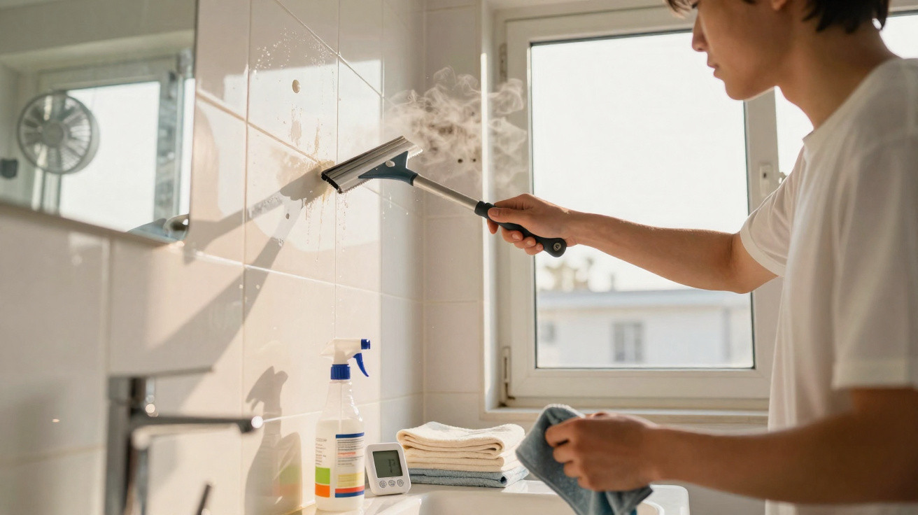 Person cleaning steam off bathroom tiles using a squeegee near a window with cleaning supplies nearby.