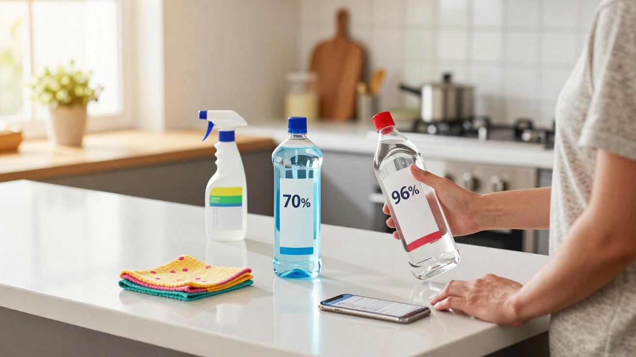 Person holding a 96% bottle with a 70% bottle, spray bottle, cloths and phone on a kitchen counter.