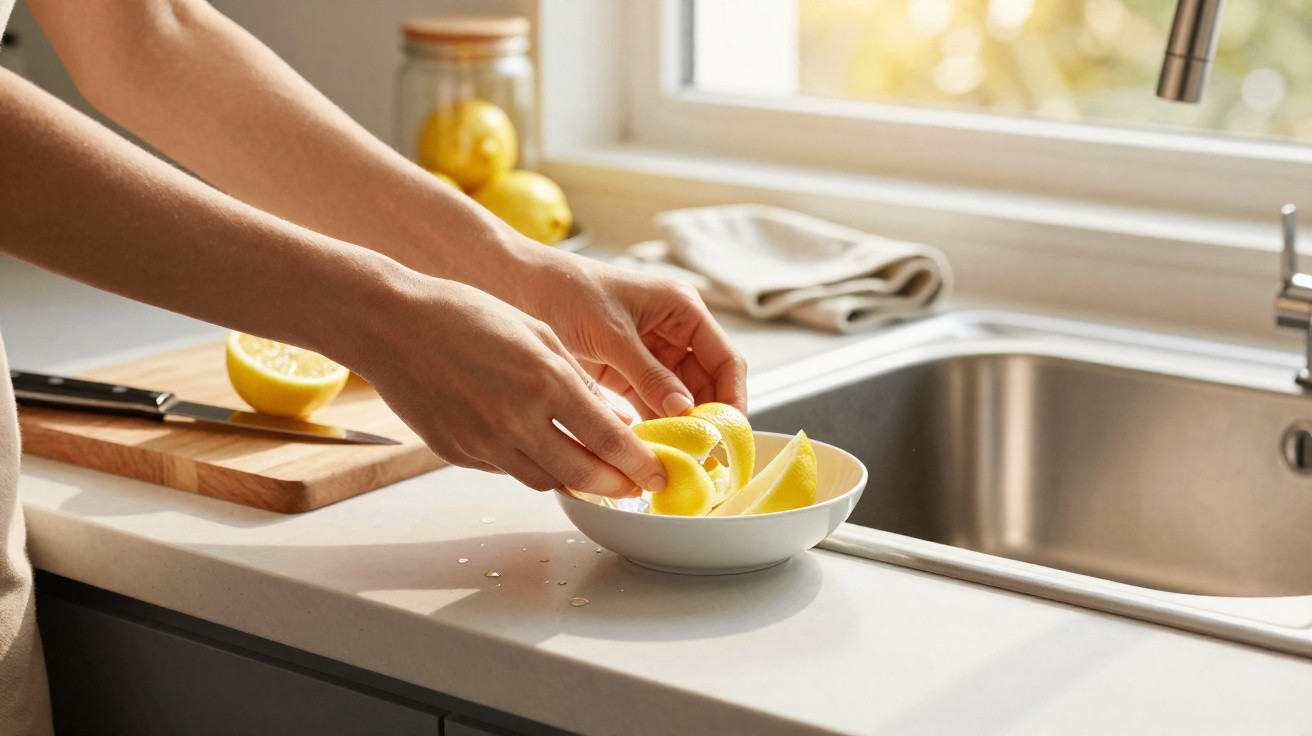 Person placing lemon peels into a white bowl on a kitchen counter beside a sink and cutting board.
