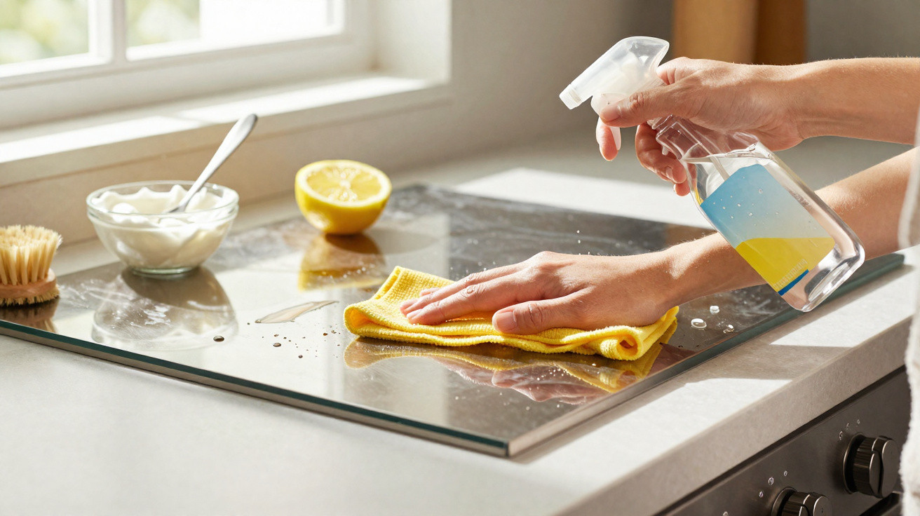 Person cleaning a glass stovetop with a yellow cloth and spray bottle, lemon and brush nearby.