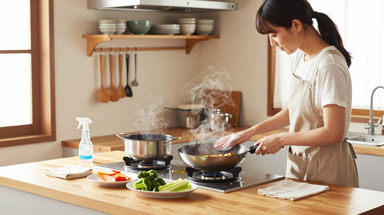 Woman cooking vegetables in a frying pan in a bright kitchen with steam rising from the stove.