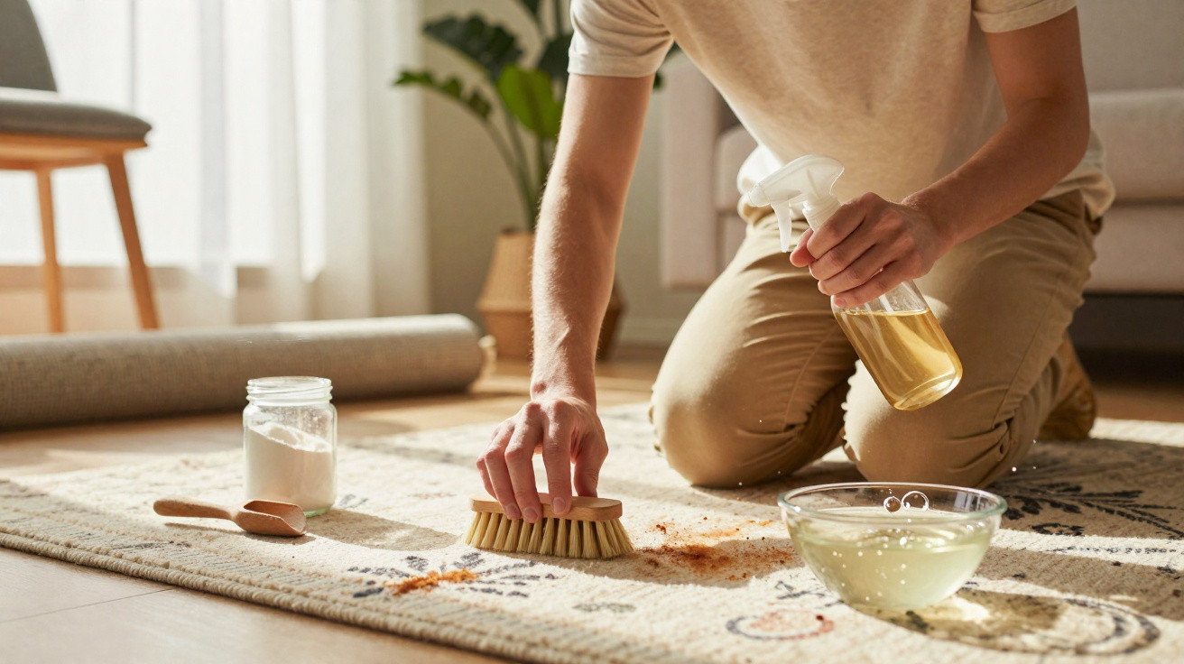 Person kneeling on patterned rug scrubbing stain with brush and cleaning spray in bright living room.