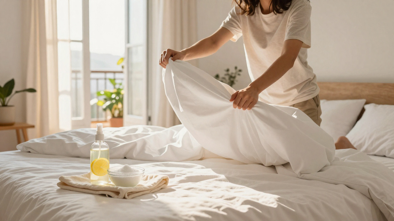 Person making a bed with white linens in a bright room with lemon-scented spray and bowl on a tray.