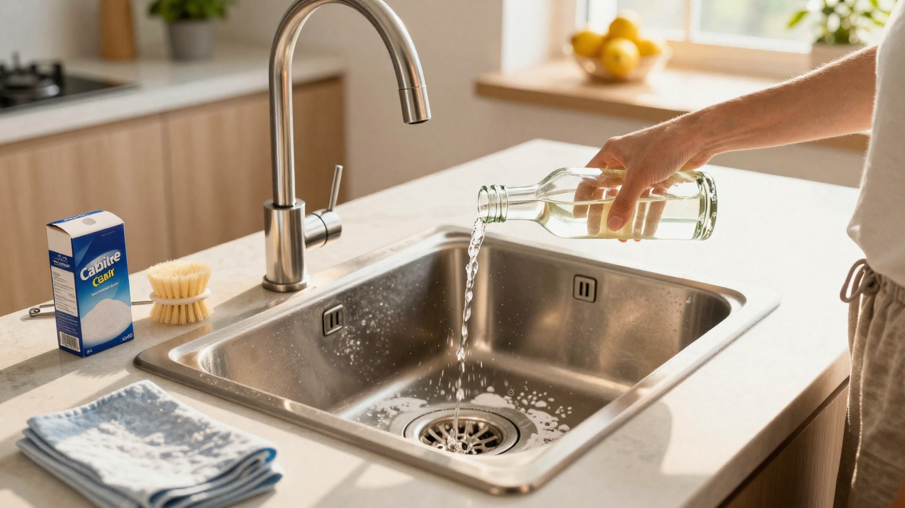 Person pouring white vinegar into a clean stainless steel kitchen sink with natural light.