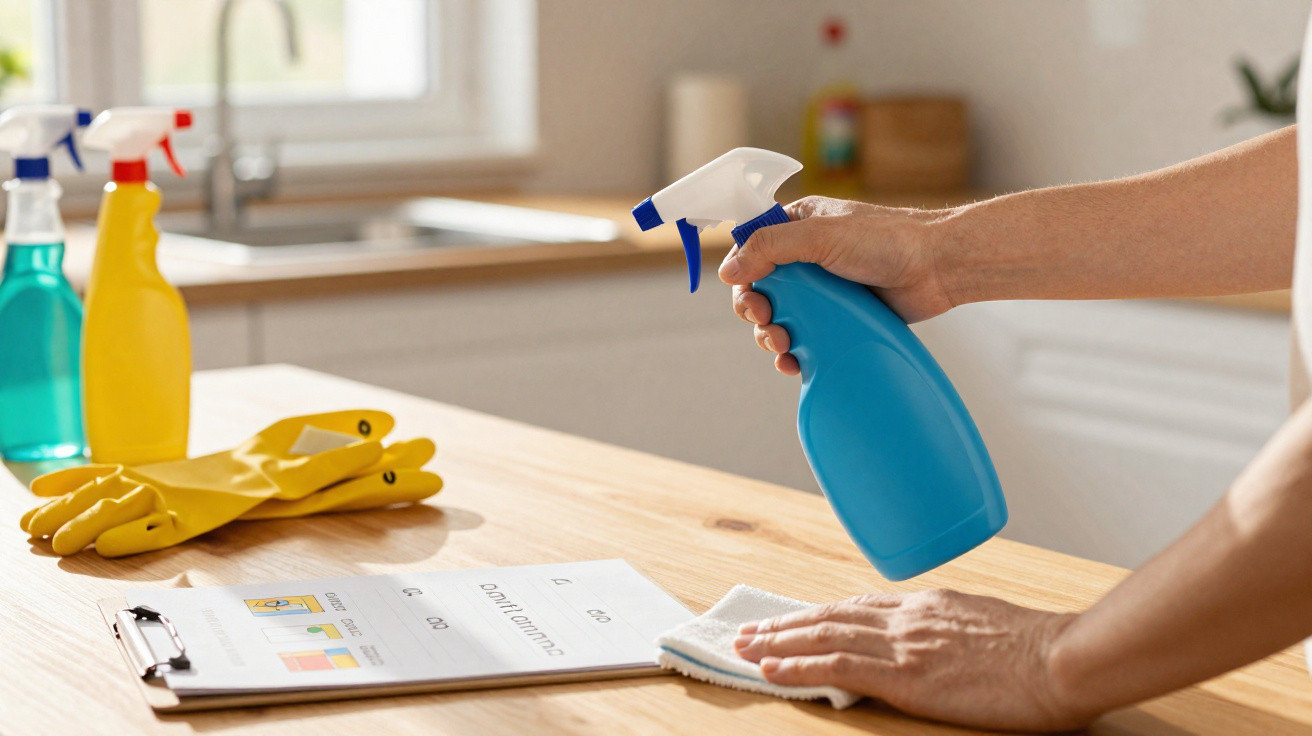 Person cleaning a wooden kitchen counter with a blue spray bottle and cloth, yellow gloves and cleaning products nearby.