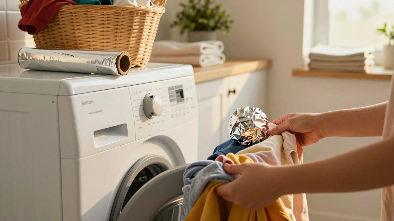 Person placing an aluminium foil ball into a front-loading washing machine with laundry basket nearby.