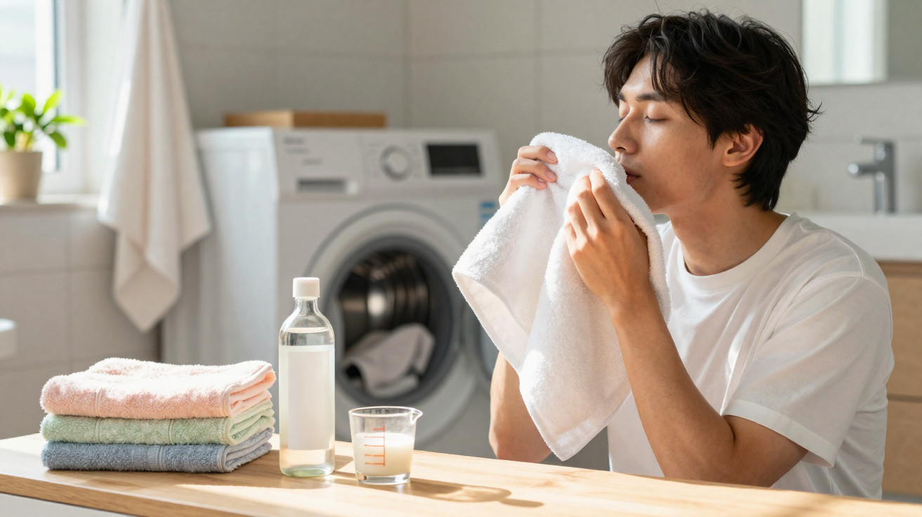 Man smelling a clean white towel at a table with folded towels, detergent, and a washing machine in the background