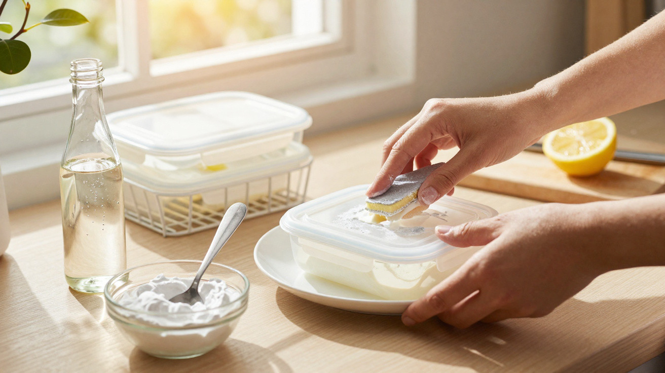 Hands cleaning a plastic container lid with a sponge beside kitchen items on a sunlit wooden table.