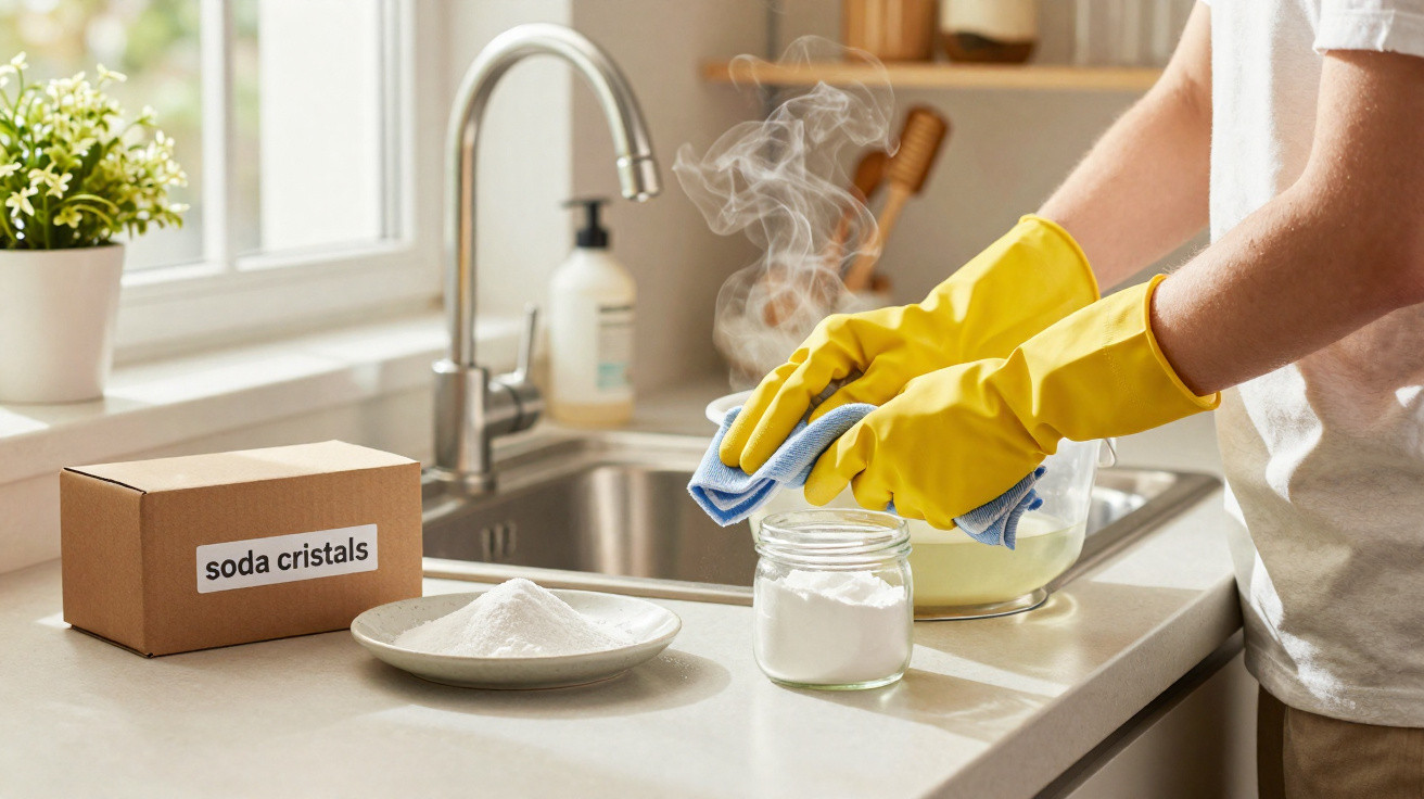 Person cleaning kitchen counter with yellow gloves, steam rising, box labelled soda crystals nearby.